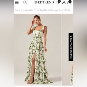 Wedtrend- Green A-Lined Printed Tiered Long Bridesmaid Dress with Slit- US6: NWT